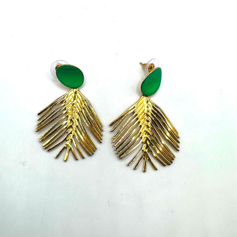 Mile Mila Steel Earrings Leaf Gold Green Enamel Dangle Jewelry Preppy Tropical